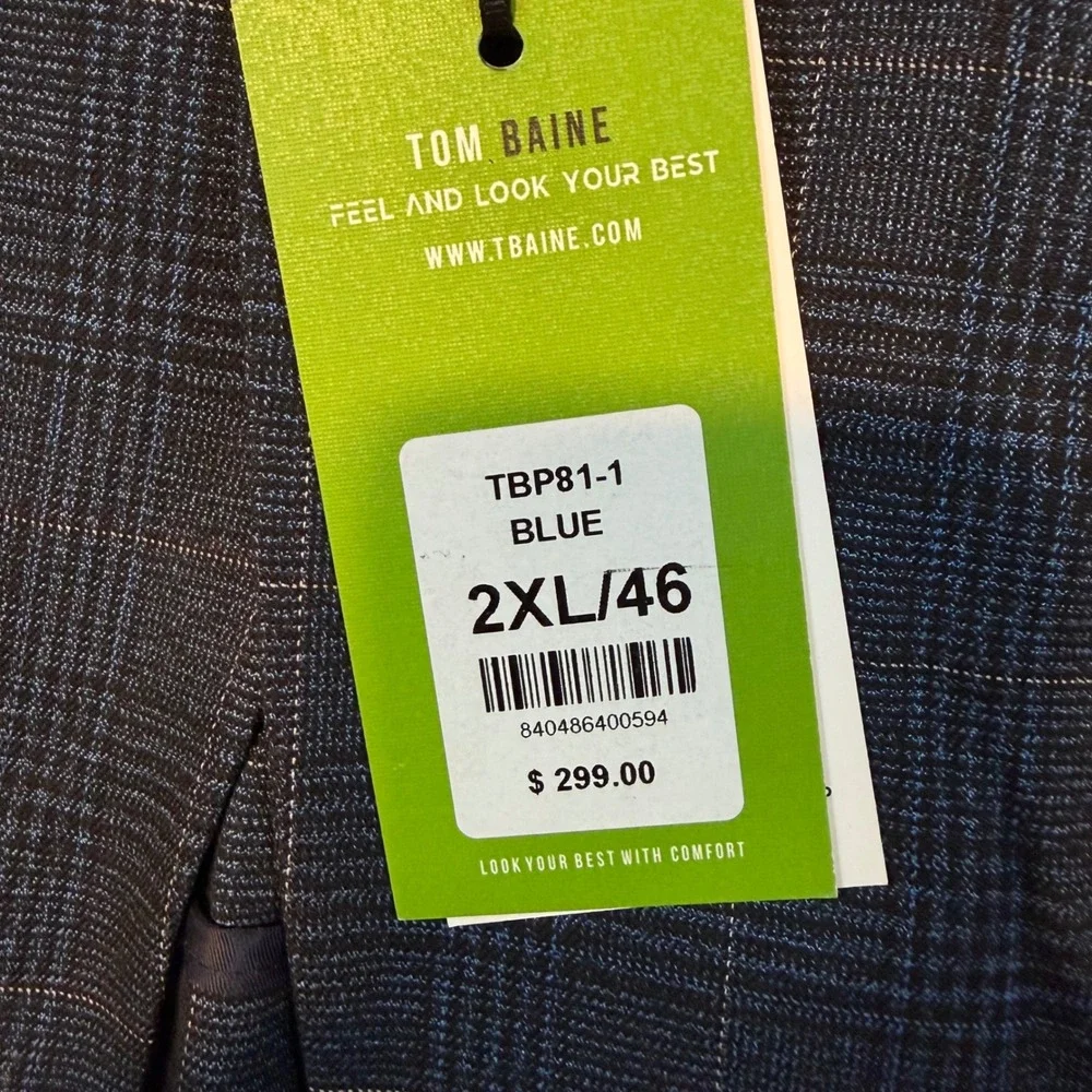 Tom Baine Mens Blue Glen Plaid Stretch Slim Fit Blazer Jacket 2XL 46 TBP81-1 NWT